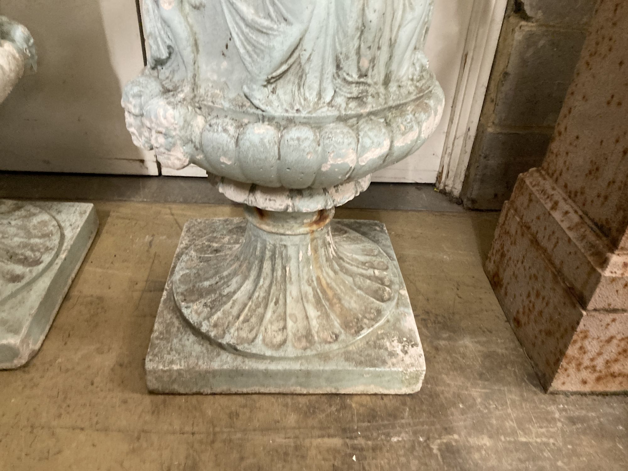 A pair of painted reconstituted stone campana garden urns, diameter 62cm, height 90cm